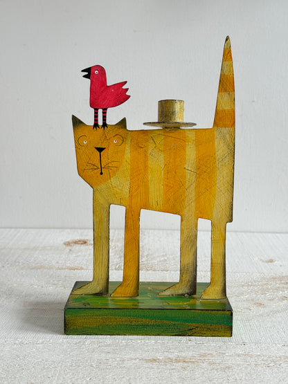 PICK ONE: Funky Folk Art Candle Holder - Acme Animal Cat OR Bird Folk Painted Candle Holder
