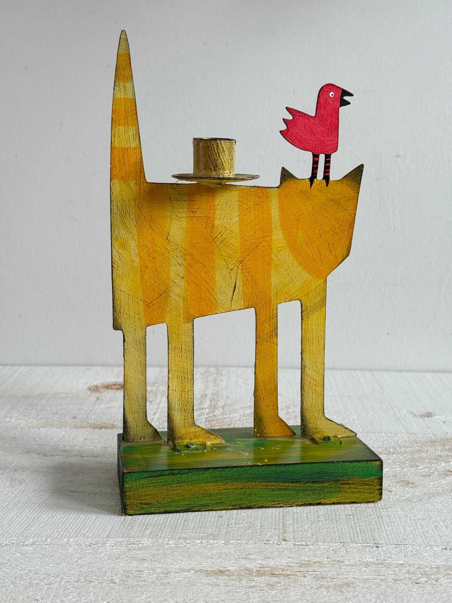 PICK ONE: Funky Folk Art Candle Holder - Acme Animal Cat OR Bird Folk Painted Candle Holder