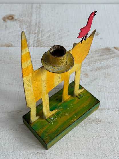 PICK ONE: Funky Folk Art Candle Holder - Acme Animal Cat OR Bird Folk Painted Candle Holder