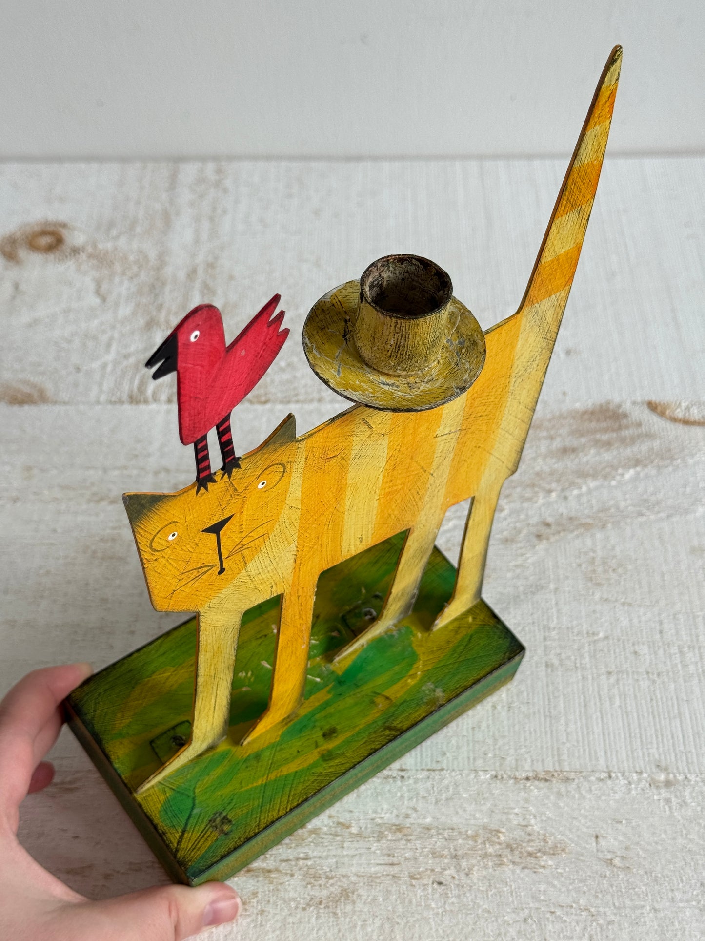 PICK ONE: Funky Folk Art Candle Holder - Acme Animal Cat OR Bird Folk Painted Candle Holder