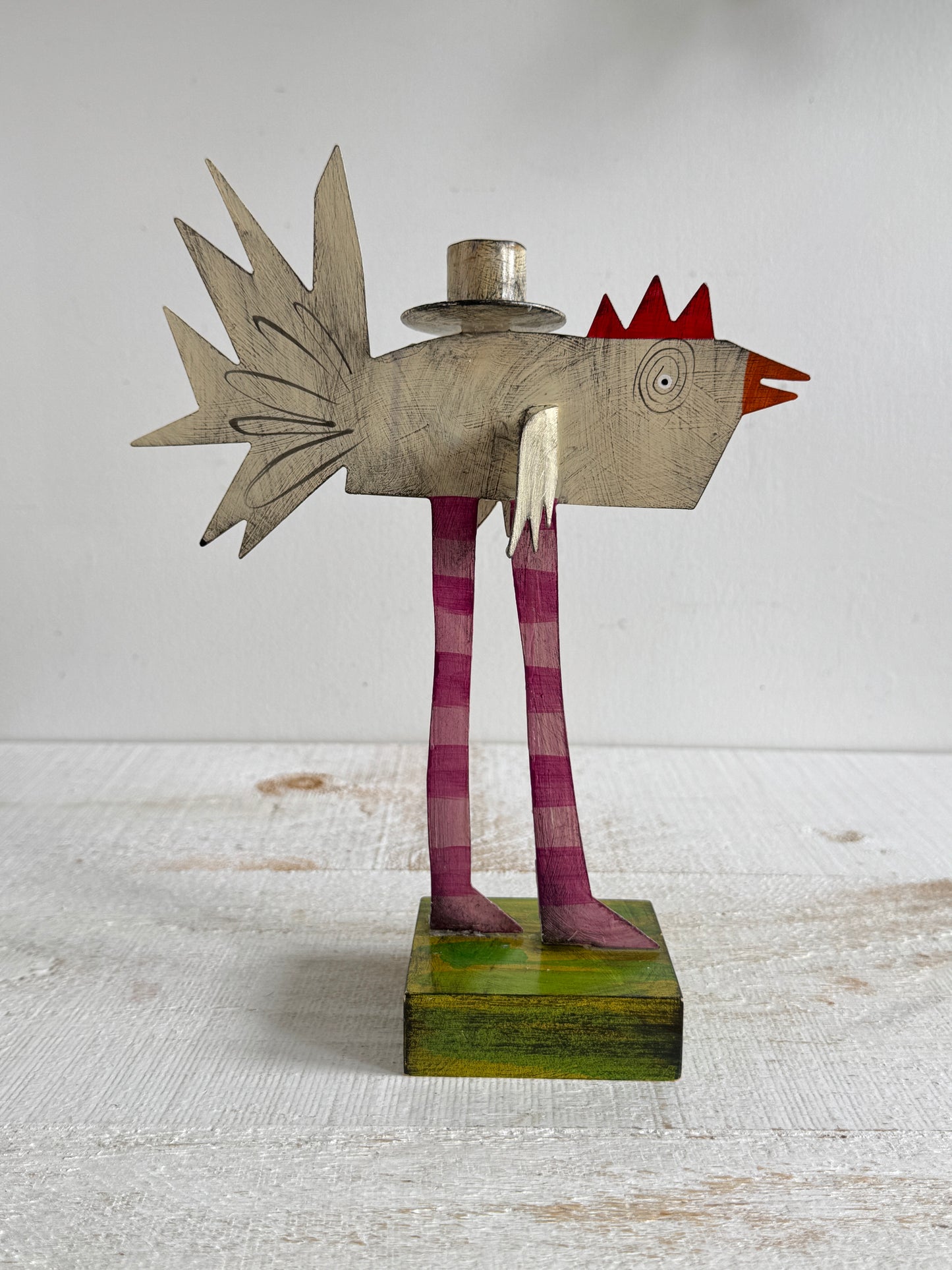 PICK ONE: Funky Folk Art Candle Holder - Acme Animal Cat OR Bird Folk Painted Candle Holder