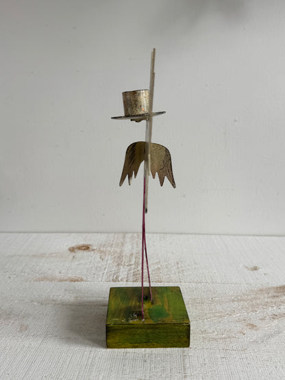 PICK ONE: Funky Folk Art Candle Holder - Acme Animal Cat OR Bird Folk Painted Candle Holder