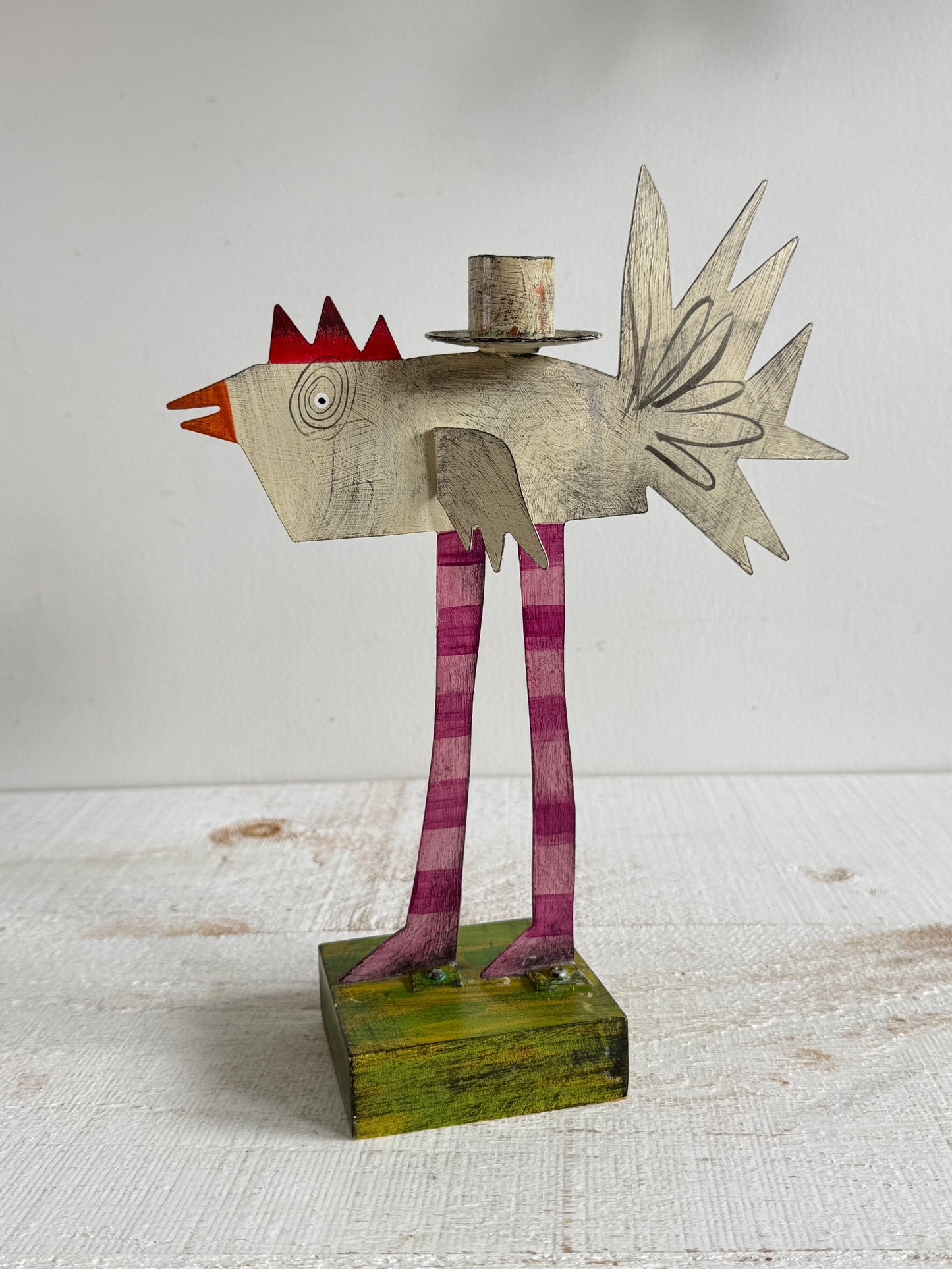 PICK ONE: Funky Folk Art Candle Holder - Acme Animal Cat OR Bird Folk Painted Candle Holder