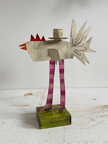PICK ONE: Funky Folk Art Candle Holder - Acme Animal Cat OR Bird Folk Painted Candle Holder