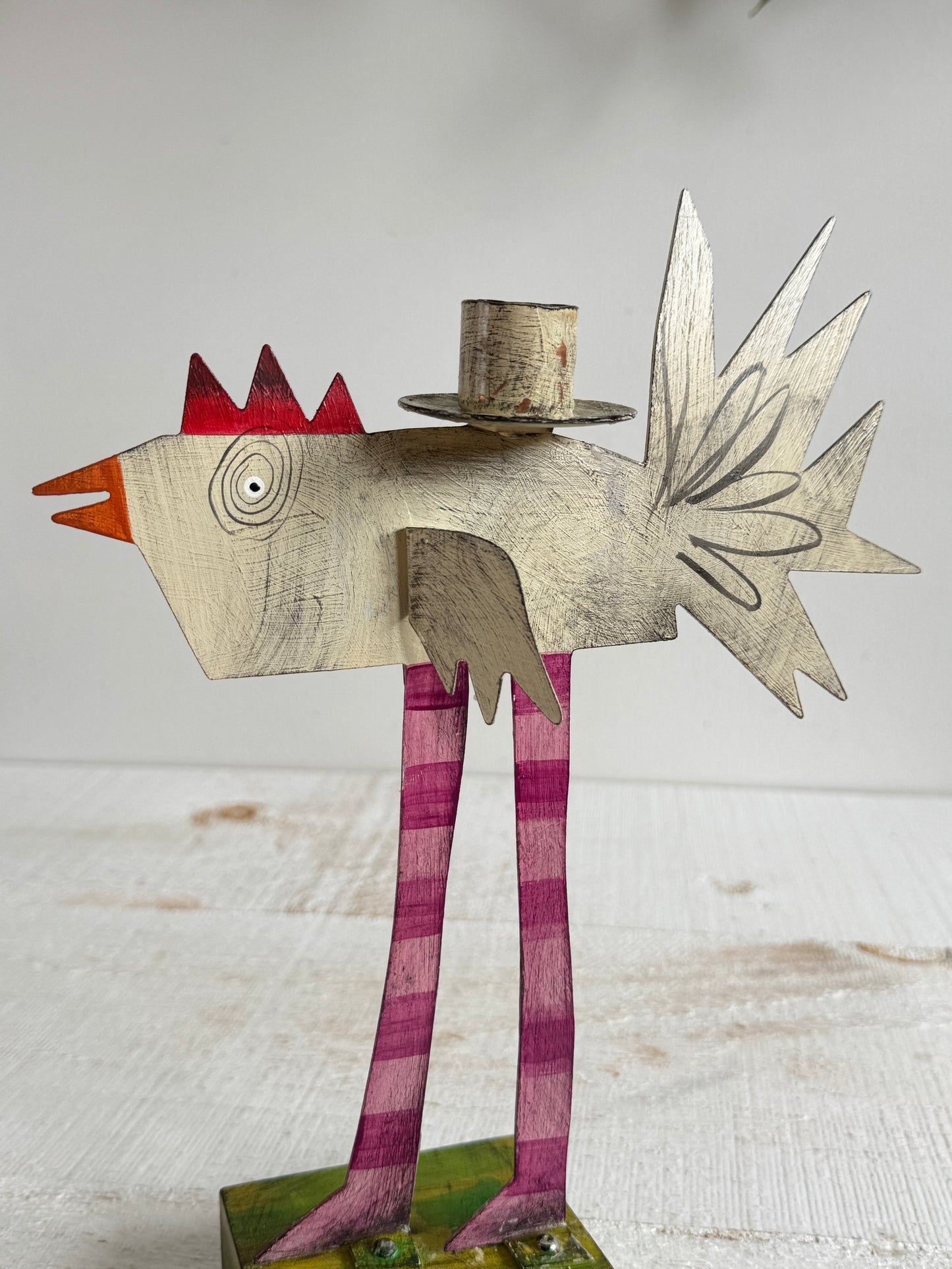 PICK ONE: Funky Folk Art Candle Holder - Acme Animal Cat OR Bird Folk Painted Candle Holder