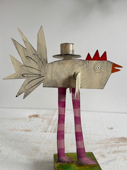 PICK ONE: Funky Folk Art Candle Holder - Acme Animal Cat OR Bird Folk Painted Candle Holder