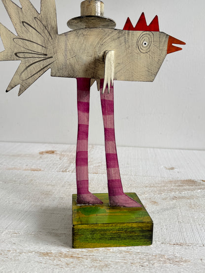 PICK ONE: Funky Folk Art Candle Holder - Acme Animal Cat OR Bird Folk Painted Candle Holder