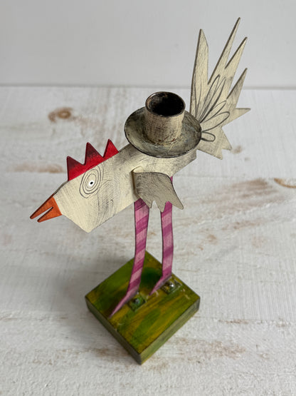 PICK ONE: Funky Folk Art Candle Holder - Acme Animal Cat OR Bird Folk Painted Candle Holder