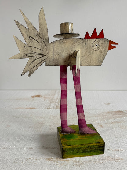PICK ONE: Funky Folk Art Candle Holder - Acme Animal Cat OR Bird Folk Painted Candle Holder