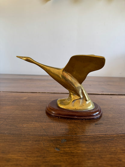 Vintage Brass Flying Goose on Wood Base Statue - Made in Taiwan
