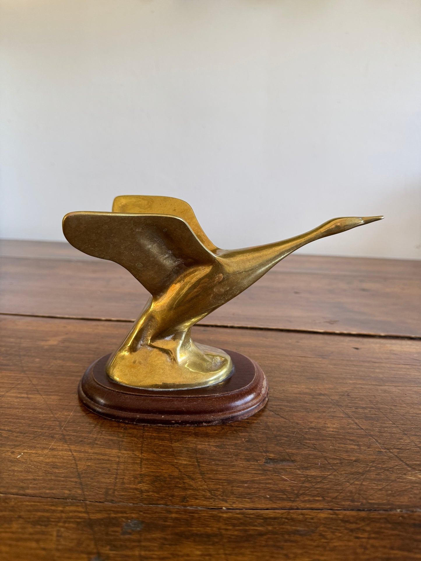 Vintage Brass Flying Goose on Wood Base Statue - Made in Taiwan