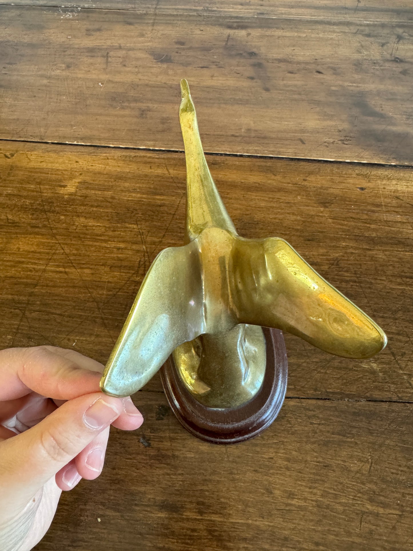 Vintage Brass Flying Goose on Wood Base Statue - Made in Taiwan