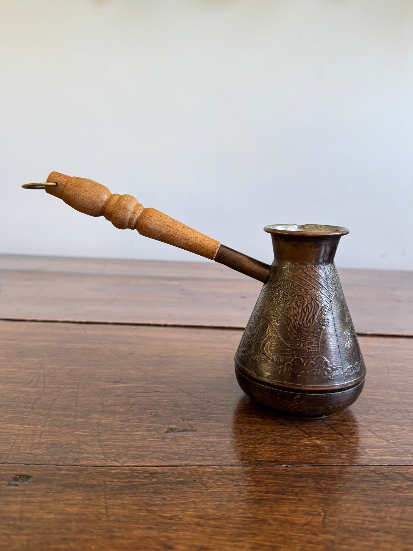 Vintage Metal Pouring Cup with Wood Handle and Stunning Lion Embossing