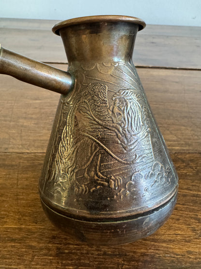 Vintage Metal Pouring Cup with Wood Handle and Stunning Lion Embossing