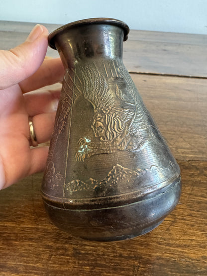 Vintage Metal Pouring Cup with Wood Handle and Stunning Lion Embossing