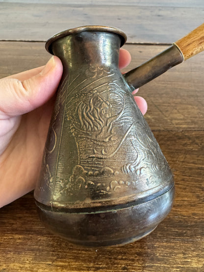 Vintage Metal Pouring Cup with Wood Handle and Stunning Lion Embossing