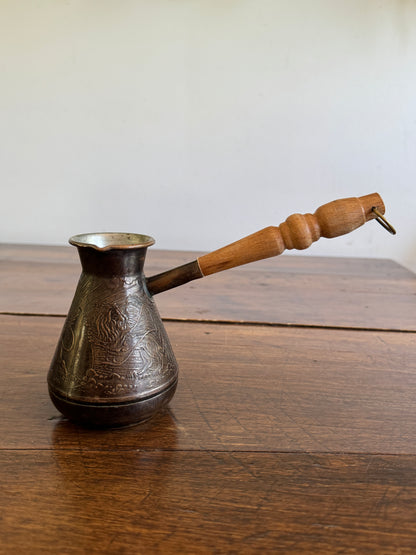 Vintage Metal Pouring Cup with Wood Handle and Stunning Lion Embossing