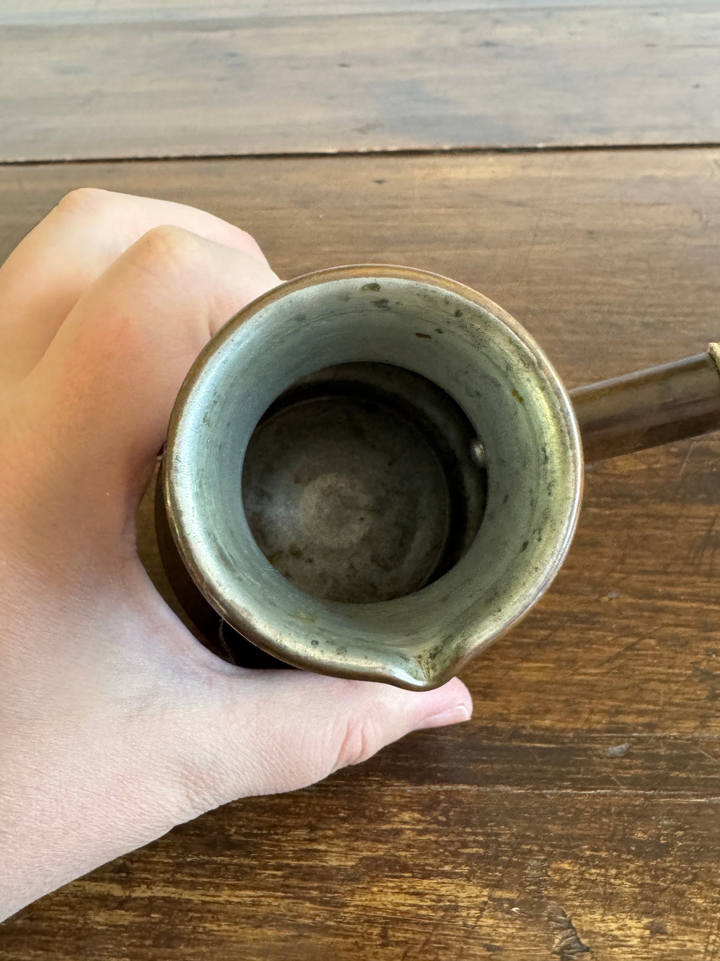 Vintage Metal Pouring Cup with Wood Handle and Stunning Lion Embossing