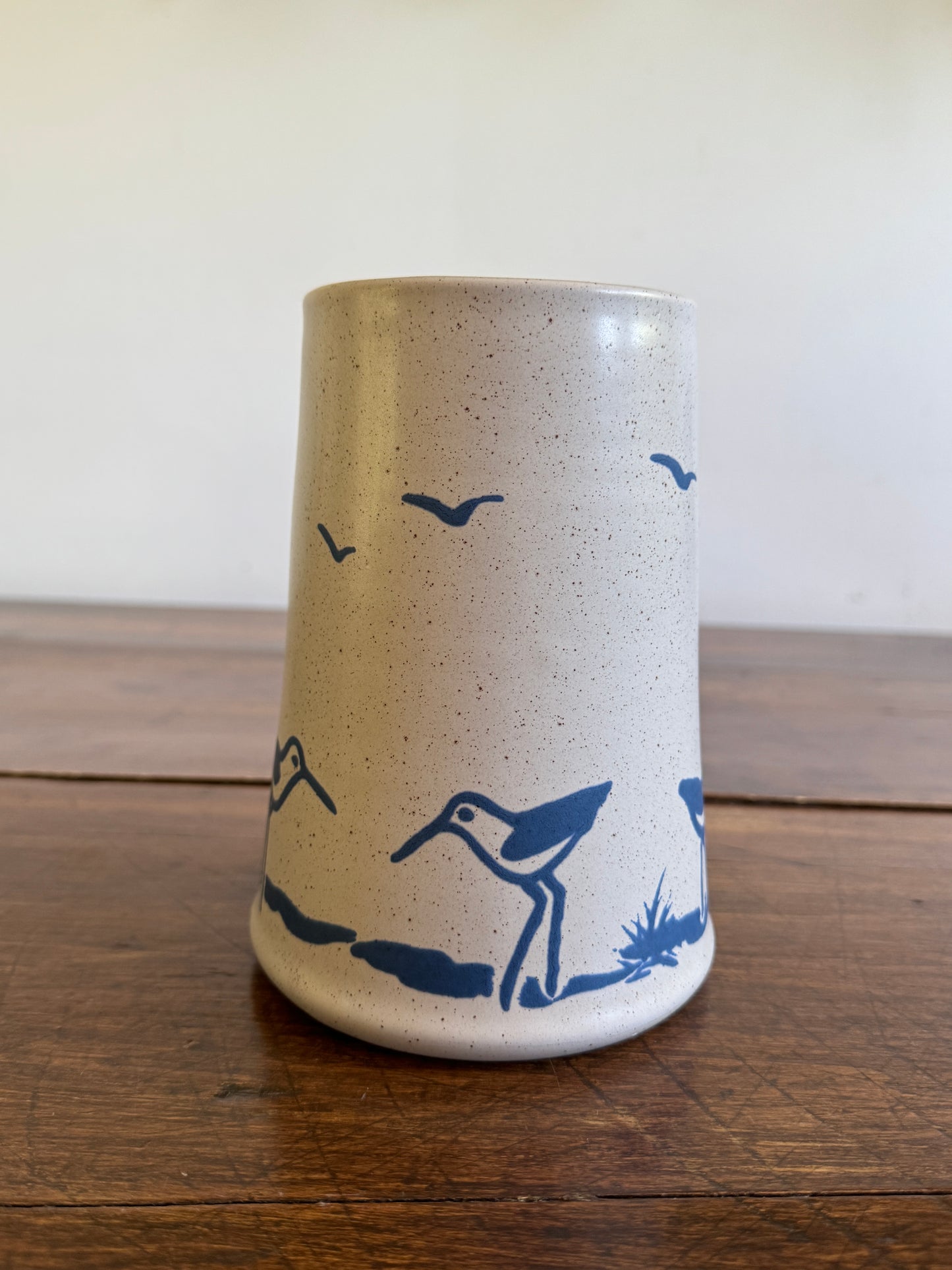 Vintage Sanibel Pottery Vase or Utensil Holder with Sandpipers and Seagulls - Made in USA