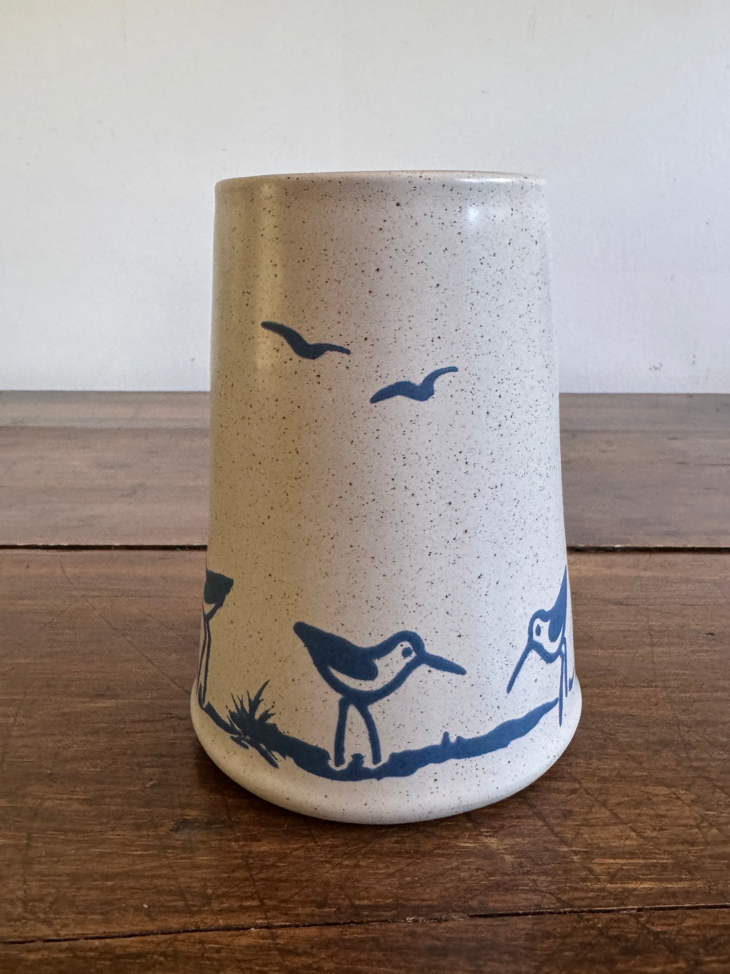 Vintage Sanibel Pottery Vase or Utensil Holder with Sandpipers and Seagulls - Made in USA