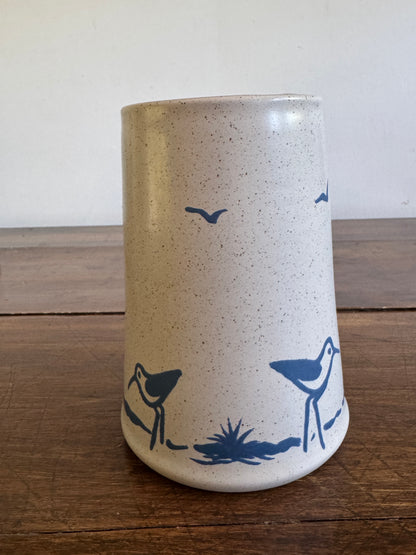 Vintage Sanibel Pottery Vase or Utensil Holder with Sandpipers and Seagulls - Made in USA