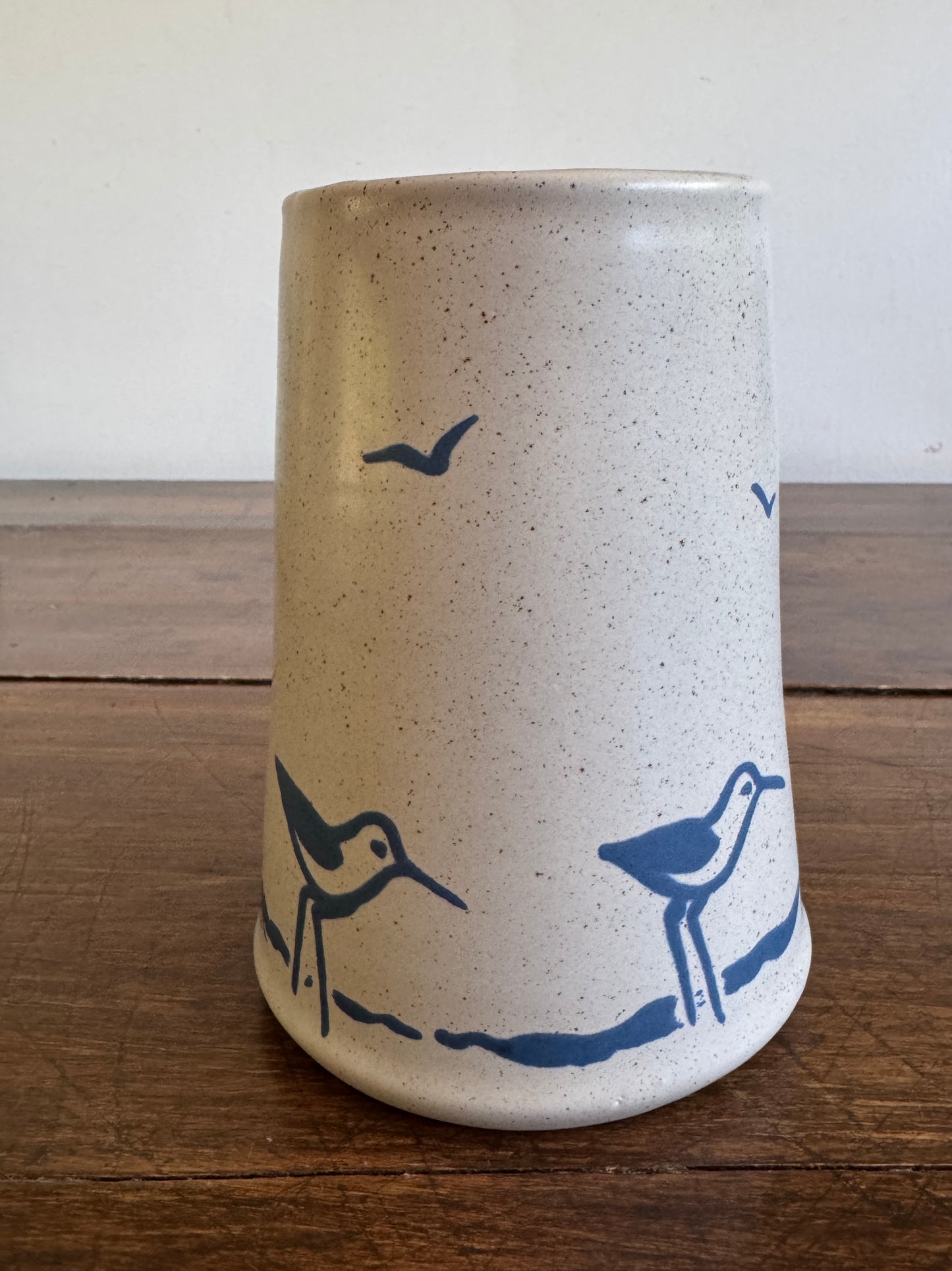 Vintage Sanibel Pottery Vase or Utensil Holder with Sandpipers and Seagulls - Made in USA