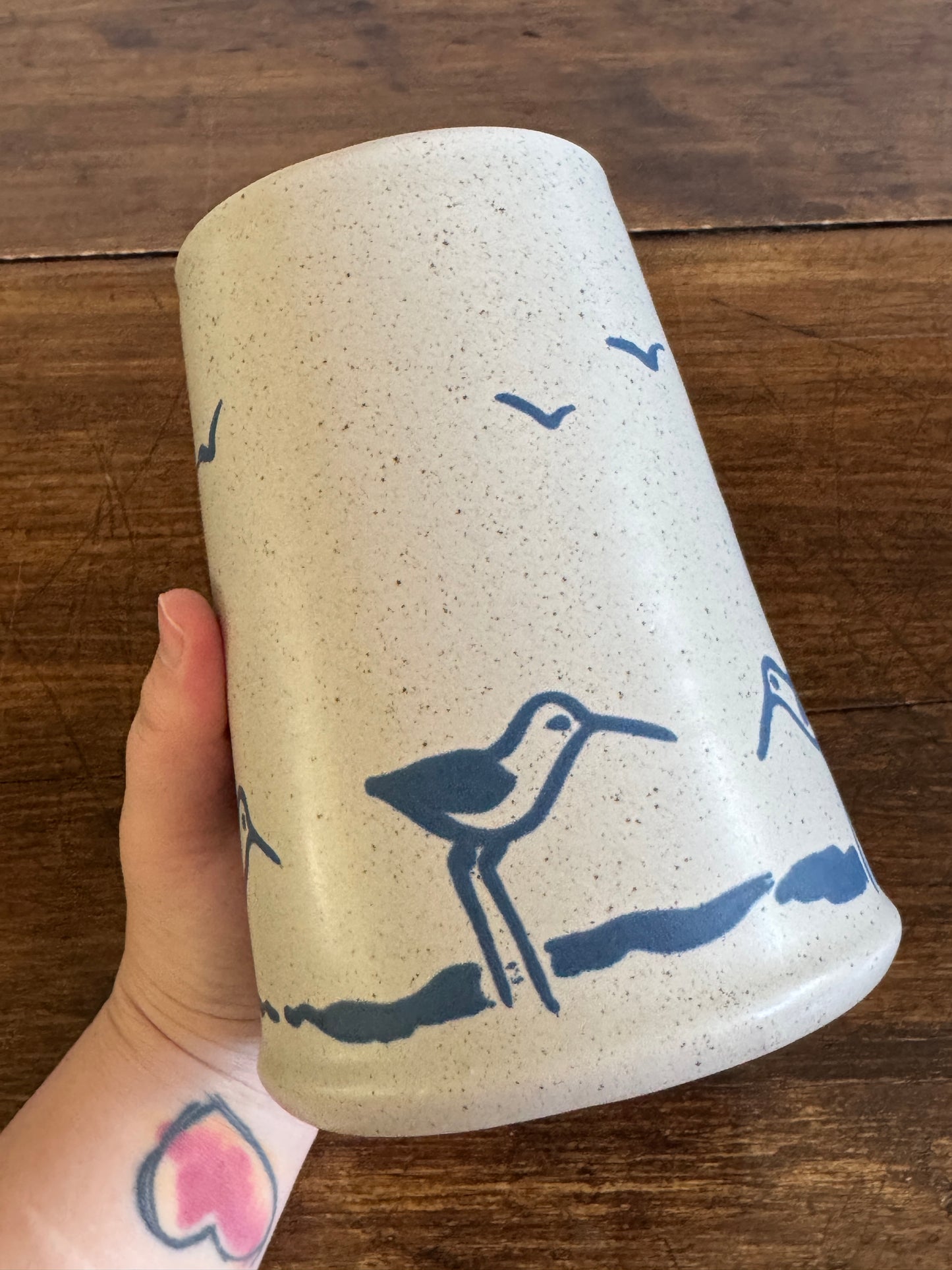 Vintage Sanibel Pottery Vase or Utensil Holder with Sandpipers and Seagulls - Made in USA