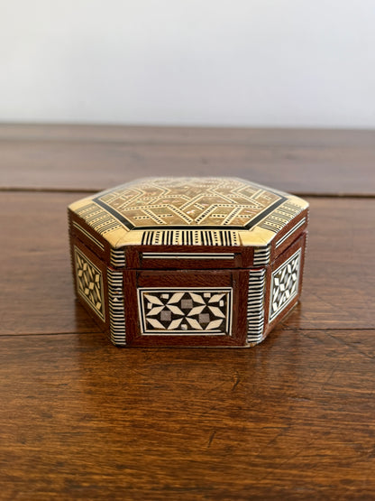 Vintage Inlay Trinket Box with Stunning Mother of Pearl Marquetry and Red Felt Inside