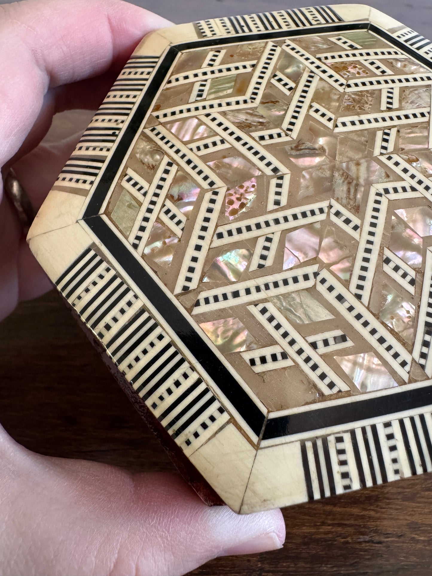 Vintage Inlay Trinket Box with Stunning Mother of Pearl Marquetry and Red Felt Inside
