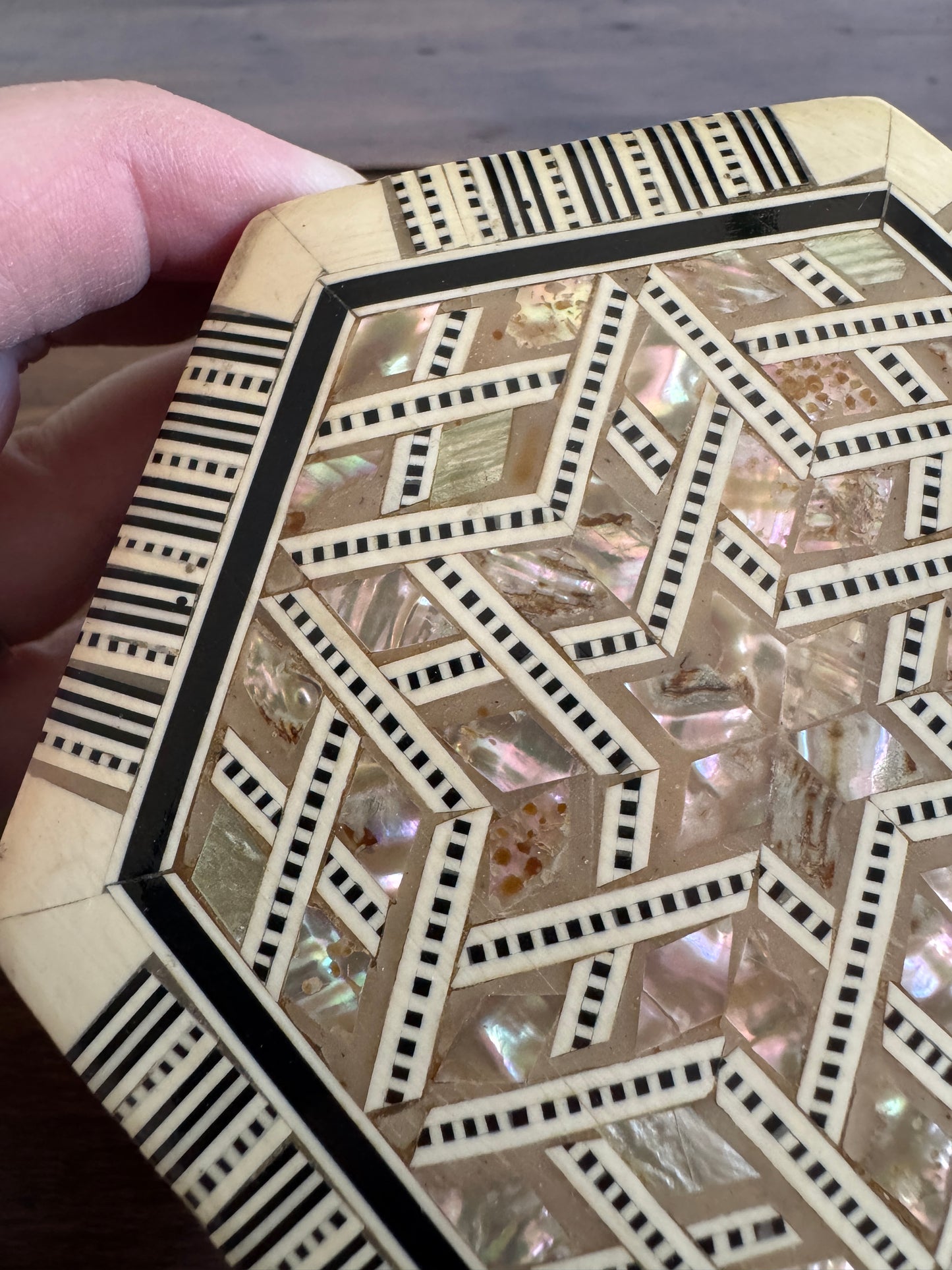 Vintage Inlay Trinket Box with Stunning Mother of Pearl Marquetry and Red Felt Inside