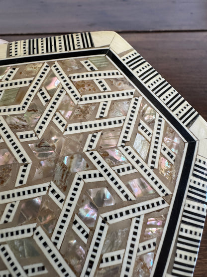 Vintage Inlay Trinket Box with Stunning Mother of Pearl Marquetry and Red Felt Inside