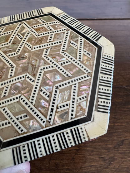 Vintage Inlay Trinket Box with Stunning Mother of Pearl Marquetry and Red Felt Inside