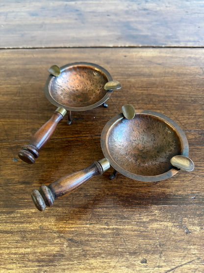 Pair of Copper, Brass and Wood Ashtrays on Stands