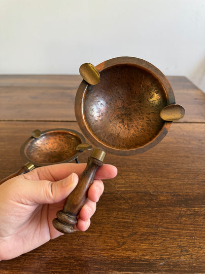 Pair of Copper, Brass and Wood Ashtrays on Stands