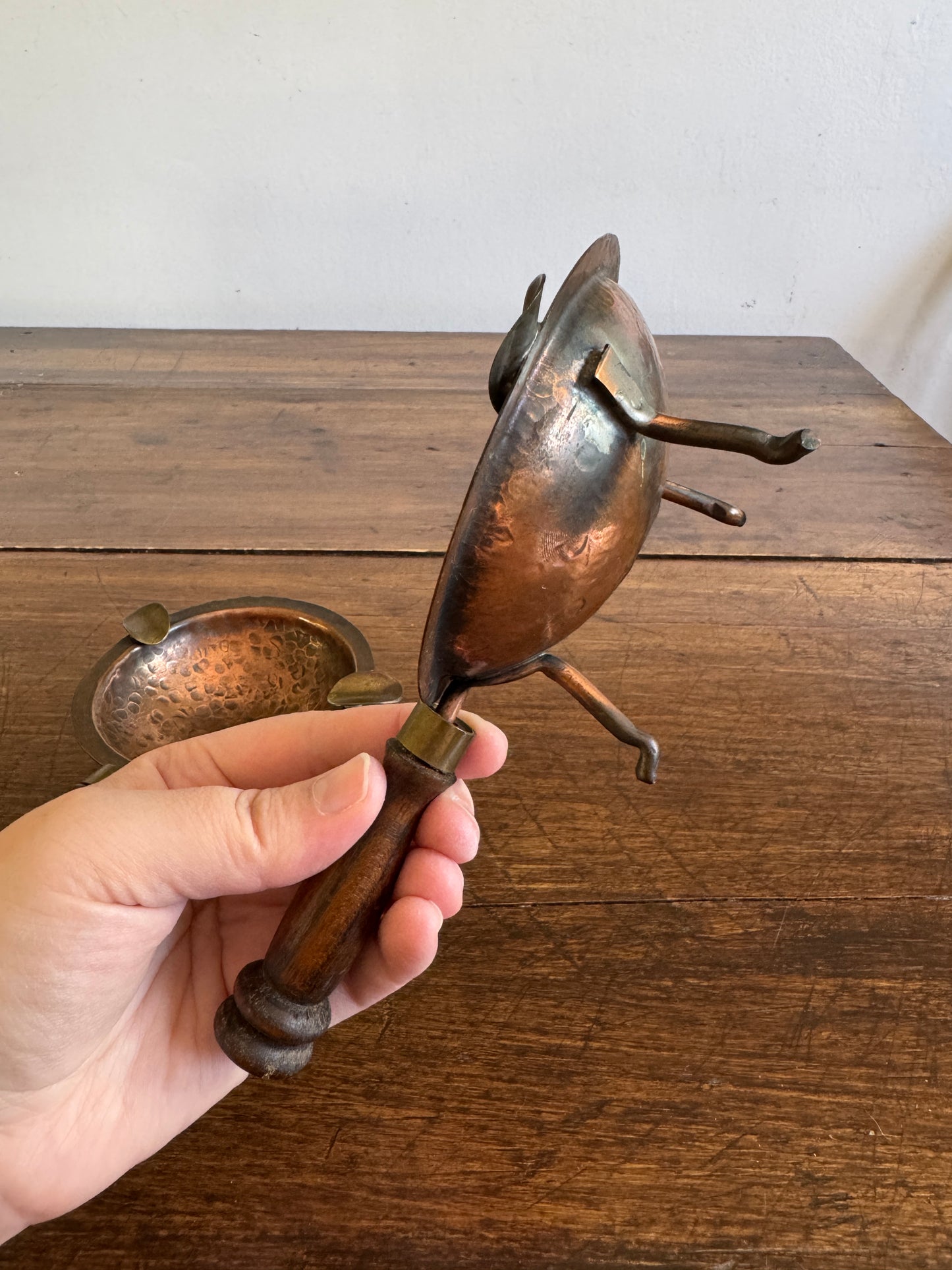 Pair of Copper, Brass and Wood Ashtrays on Stands