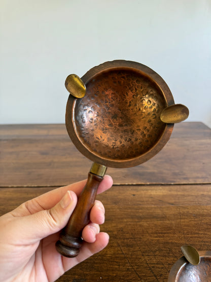 Pair of Copper, Brass and Wood Ashtrays on Stands