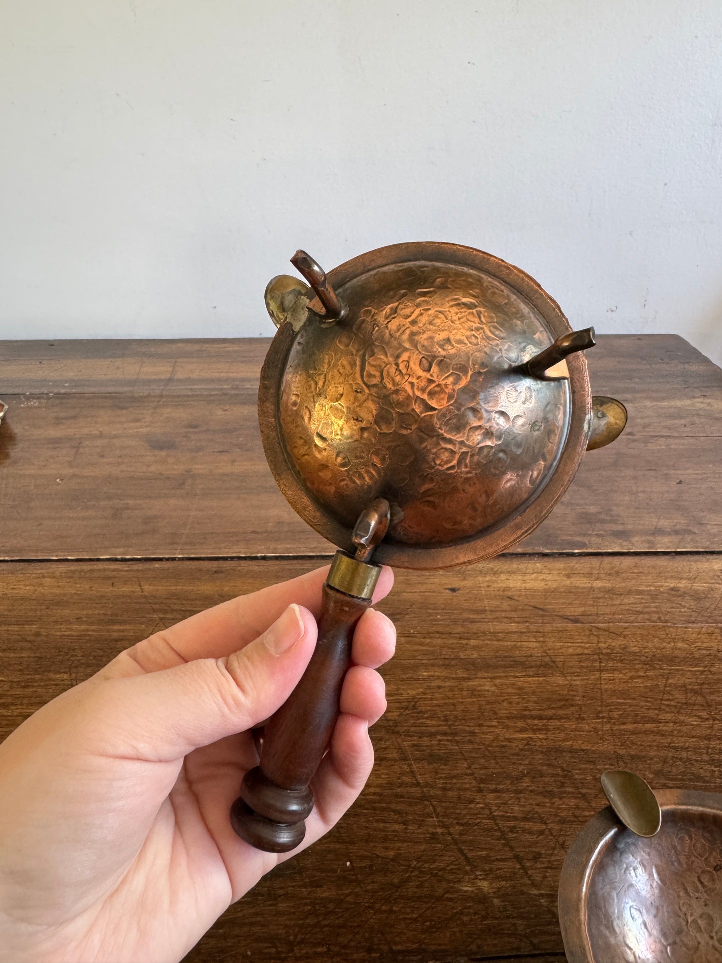 Pair of Copper, Brass and Wood Ashtrays on Stands