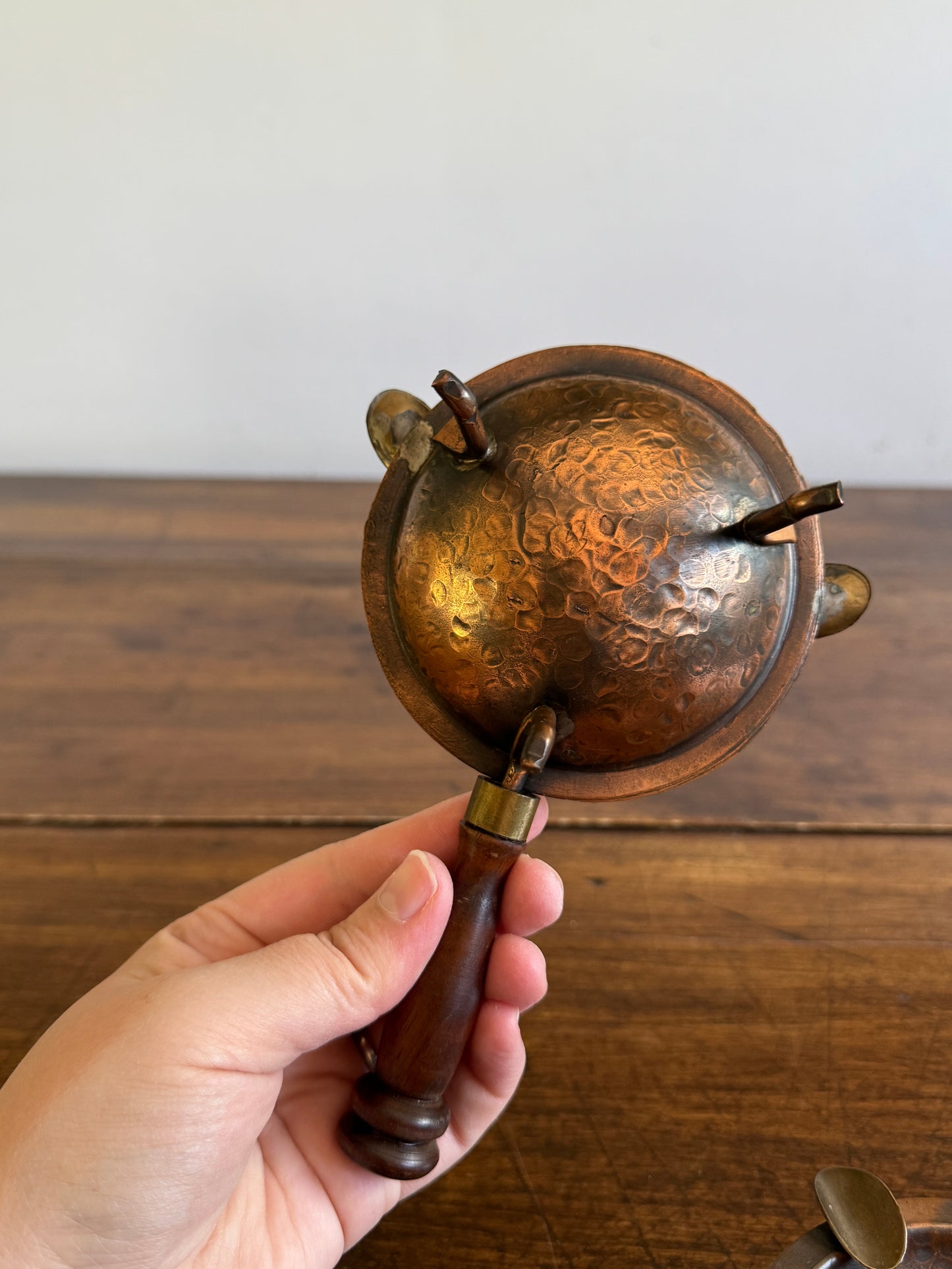 Pair of Copper, Brass and Wood Ashtrays on Stands