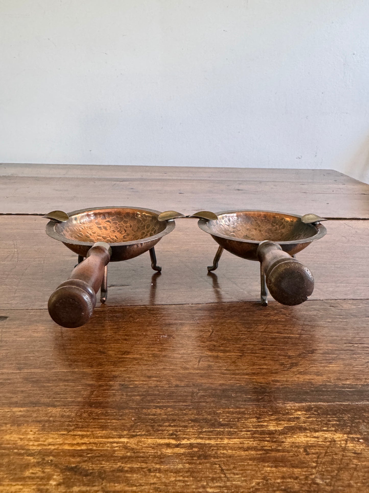 Pair of Copper, Brass and Wood Ashtrays on Stands