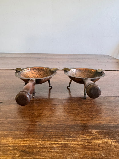 Pair of Copper, Brass and Wood Ashtrays on Stands