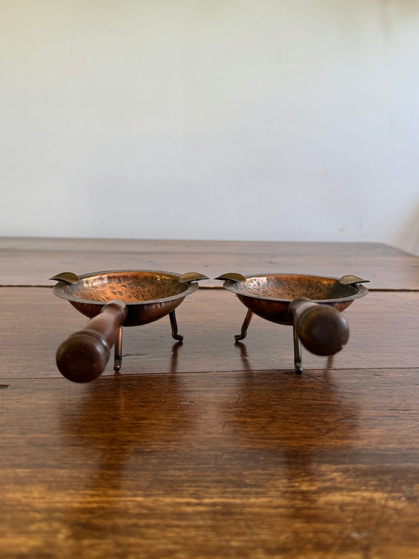 Pair of Copper, Brass and Wood Ashtrays on Stands