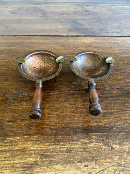 Pair of Copper, Brass and Wood Ashtrays on Stands