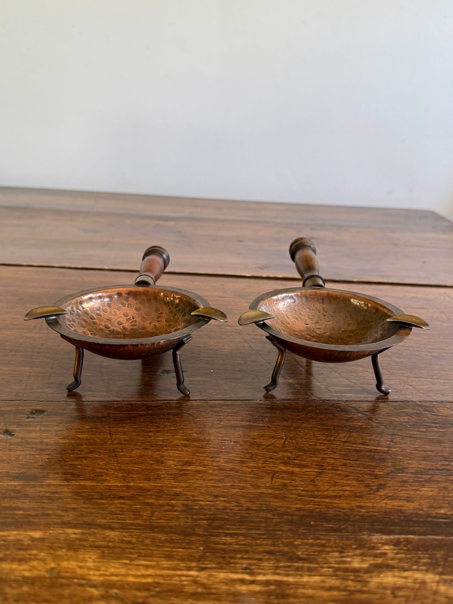 Pair of Copper, Brass and Wood Ashtrays on Stands