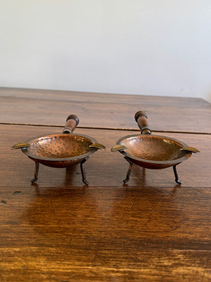 Pair of Copper, Brass and Wood Ashtrays on Stands