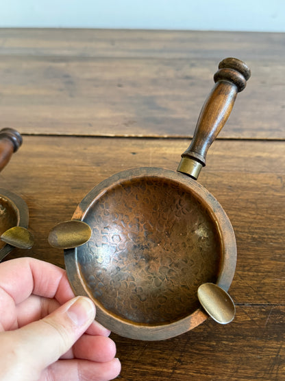 Pair of Copper, Brass and Wood Ashtrays on Stands