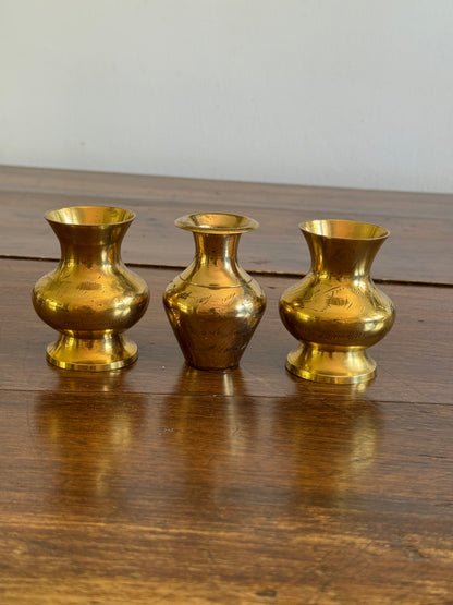 Three Mini Brass Vases with Etched Detailing - Made in India