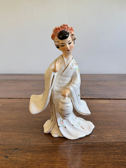 Ceramic Japanese Woman in White Kimono - Geisha Figurine