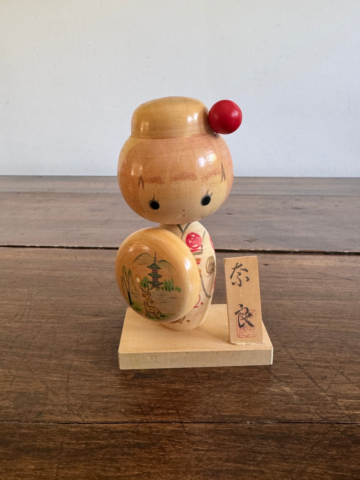 Vintage Wood Japanese Doll with Shield - Kokeshi Doll