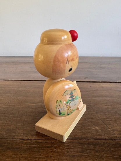 Vintage Wood Japanese Doll with Shield - Kokeshi Doll