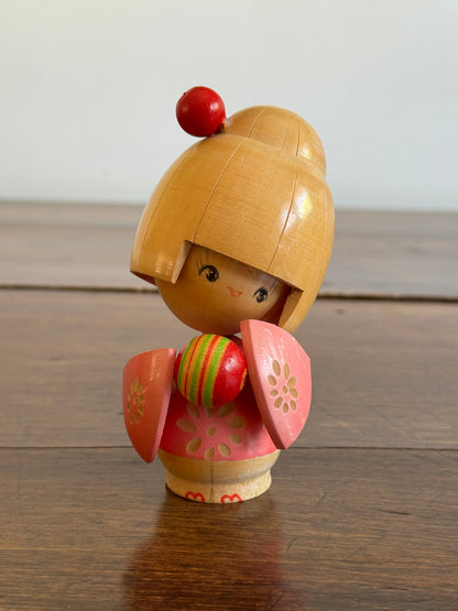 Japanese Wood Doll in Pink Kimono - Kokeshi Doll